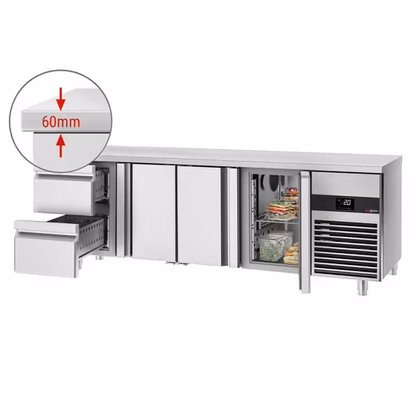 Soğutmalı tezgah PREMIUM - 2330x700mm - 3 kapılı; 2 çekmeceli - fanlı soğutma; dijital termostat