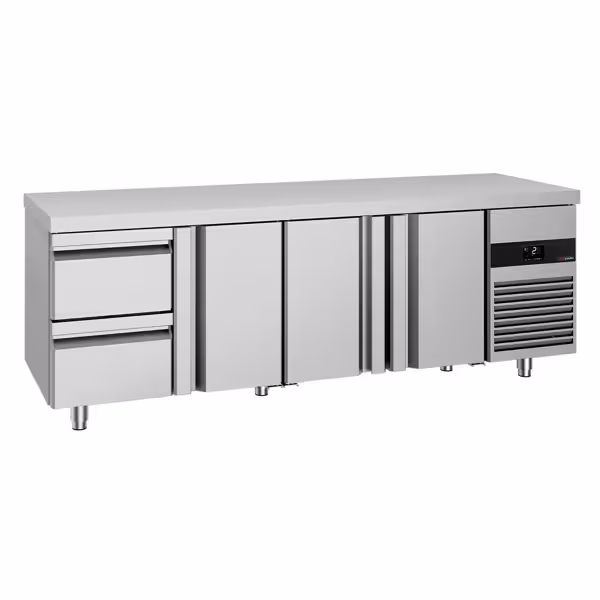 Tavolo refrigerato PREMIUM - 2330x700mm - Ventilata - 632 L - con 3 porte battenti - con 2 cassetti