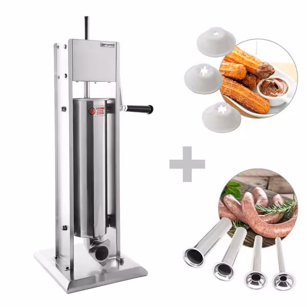 Poussoir à saucisses Manuel & Machine à churros - 7 Litres - inox - incl. 4 Embouts à saucisses & 3 Embouts à churros