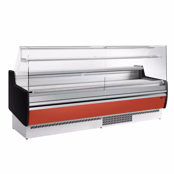Banco gastronomia professionale - 2560x953mm - Ventilata - 282 L - Vetro dritto - Pannello frontale Rosso RAL 3003 - con 4 porte - con 1 ripiani