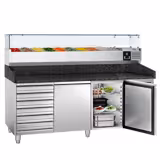 Table réfrigérée à pizza PREMIUM - 2000 x 800 mm - avec 2 portes et 7 tiroirs - incl. vitrine réfrigérée - 10 x GN 1/4