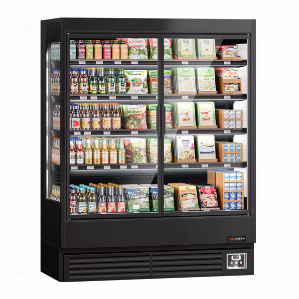 Murale Refrigerato Professionale - 1524mm - 693l - +1°/+5°C - con 2 porte a battente in vetrocamera & 4 ripiani - Nero