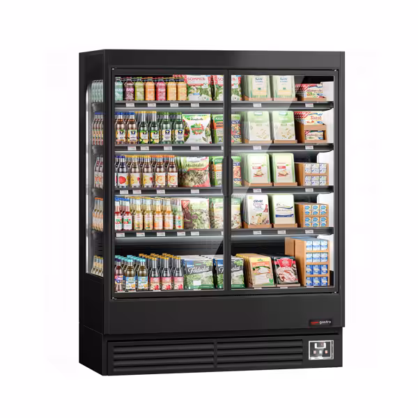 Murale Refrigerato Professionale - 1524mm - 693l - +1°/+5°C - con 2 porte a battente in vetrocamera & 4 ripiani - Nero