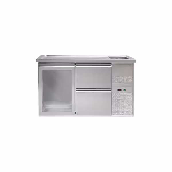 Frigider  pentru bere 1,5 x 0,7 m - cu 1 ușă din sticlă şi 2 sertare 1/2 + 1/2