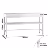 Mesa de trabajo de acero inox.  PREMIUM 1,6 m - con estante intermedio y travesaños bajos