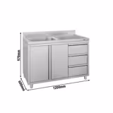 Commercial Sink Cabinet - 1200x600mm - with 1 bowl left-hand - 3 drawers
