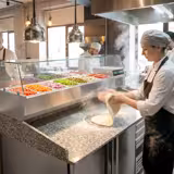 Commercial Pizza Prep Counter - Granite Top PREMIUM - 1600x800mm - with 2 doors & 3 drawers - incl. refrigerated topping unit with glass sneeze guard - 6x GN 1/3