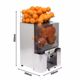 Elektrisk citruspress - 200 W - med 20 apelsiner/min, Ø 60–80 mm, korg ca 22 apelsiner, droppstopp/kran & avtagbar front för rengöring - rostfritt stål