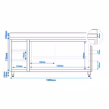 Mesa armario inox PREMIUM & con peto - 1800x600mm - con estante intermedio - con 3 cajones izquierda