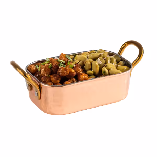 (6 uds) Mini sartén para servir - MUMBAI - acero inoxidable - 250ml - 125x85mm - con acabado martillado - cobre