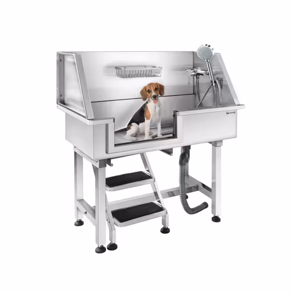 Pet grooming tub – Stainless steel, sliding front door, staircase, 870×490×1020 mm