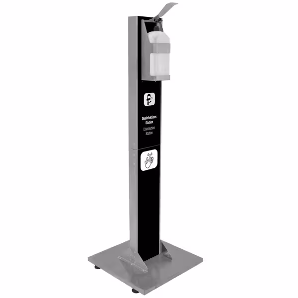 Hand Sanitiser Station - Stainless steel - freestanding, manual, elbow operable, mobile, with hygiene instructions