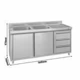 Móvel lava-loiça - 1600x700mm - com 3 gavetas e 2 lavatórios à esquerda