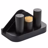 (12 pcs) Salt and Pepper Cruet Set and Stand - 4-piece - Stainless steel stand - napkin holder, toothpick holder, salt & pepper - Height: 200mm - Black
