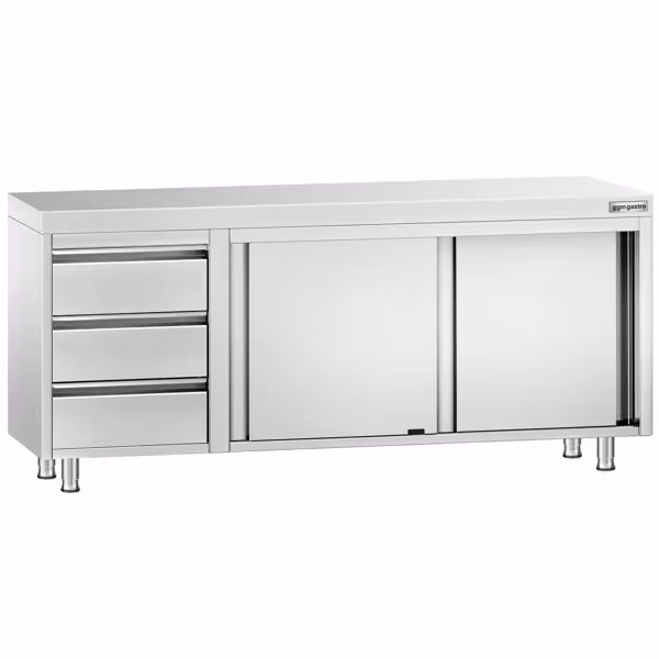 Gesloten RVS werktafel KOPENHAGEN PREMIUM - 2000x600mm - met schuifdeuren, 3 laden links
