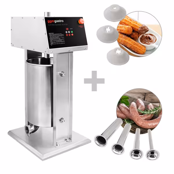 Automatische worstenvuller - verticaal - met churrosset - 30l - 180W - RVS - incl. voetpedaal & 4 vulbuizen & 3 churrosvormen