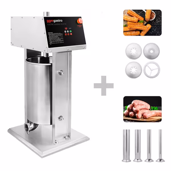 Automatische worstenvuller - verticaal - met churrosset - 30l - 180W - RVS - incl. voetpedaal & 4 vulbuizen & 3 churrosvormen