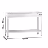 Tavolo da lavoro in acciaio inox PREMIUM - 1200x700mm - con ripiano inferiore & traversi di rinforzo - con tagliere in polietilene Bianco