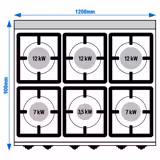Gas Hob - 53.5kW - 6 burners - with open base shelf