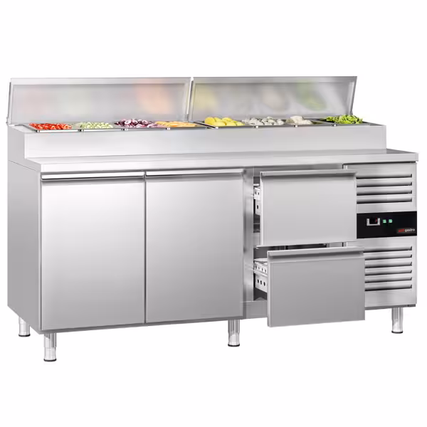 Mesa de preparação refrigerada PREMIUM - 1795x700mm - com 2 portas & 2 gavetas - para 8x GN 1/3