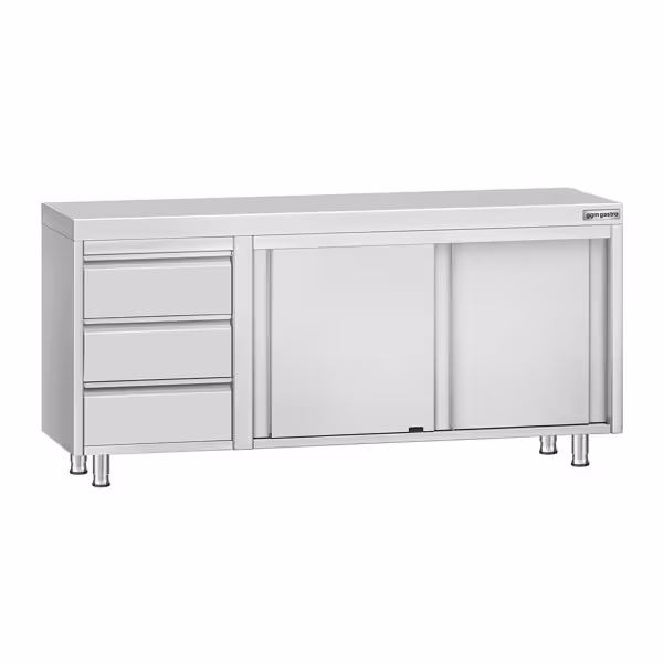 Dulap de lucru din oțel inoxidabil ECO – 1800 x 600 mm – cu 3 sertare pe partea stângă