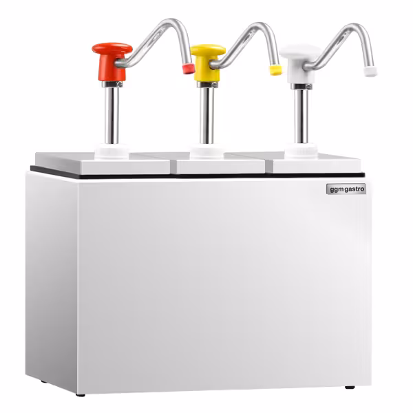 Sausdispenser - RVS rek, kunststof bakken - 4-delig (rek+3 bakken) - 3x2,5L - 190x355x268mm - instelbare dosering - met bak - lekvrije uitloop - incl. RVS frame