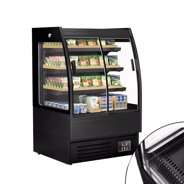 Expositor mural refrigerado - 900mm - 216L - com 2 portas de correr em vidro & 3 prateleiras - traseira fechada - Preto
