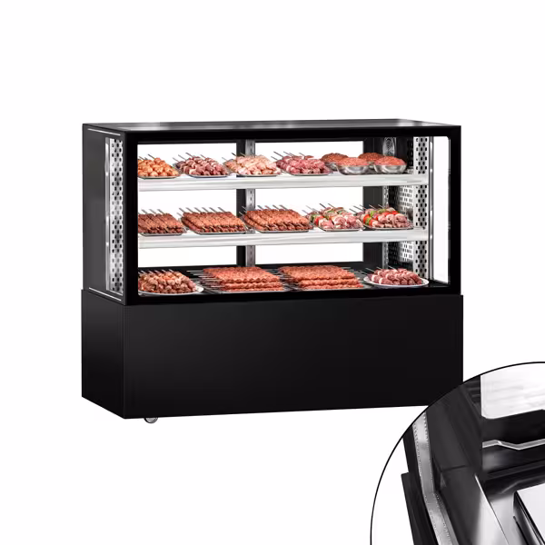 Vetrina refrigerata da banco MADRID - per esposizione carne - 525l - 1500mm - Doppio vetro - con 2 ripiani - porte posteriori scorrevoli; LED interni - Nero opaco