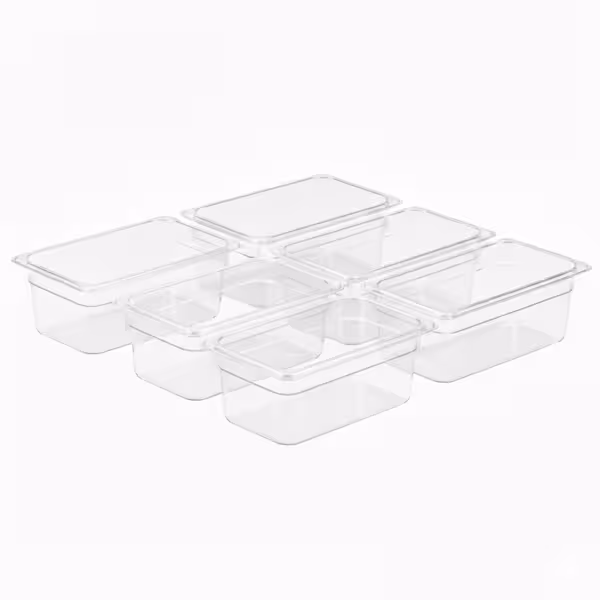 (6 pcs) Polycarbonate Gastronorm Container GN 1/4 - Clear - 2.5L - Depth: 100mm
