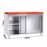Tavolo armadiato in acciaio inox PREMIUM - 1600x800 mm - con anta scorrevole senza alzatina, incl. tagliere	