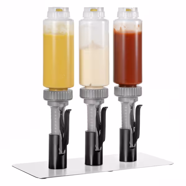 Dispensador de salsas - dosificación regulable - 3x 710ml botellas - pico antigoteo - con recipiente - incl. soporte | dispensador | dispensador de salsa