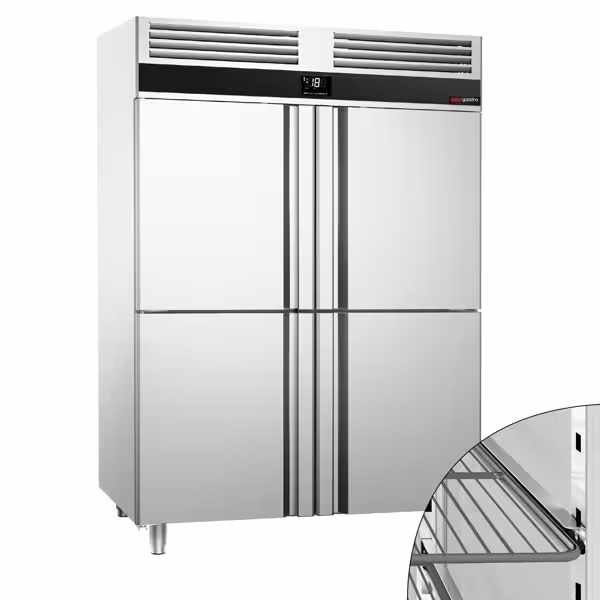 Vrieskast RVS PREMIUM - GN 1/1 - GN 2/1 - 1400mm - 1400liter - tot -20°C tot -10°C - met 4 halve deuren - geforceerde koeling, automatische ontdooiing & LED‑verlichting