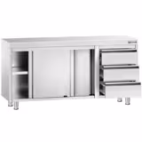 Inox (AISI 304) Radni stol zatvoreni PREMIUM - 1600 x 700 x 870 mm - s kliznim vratima, 3 ladica, 0 vrata