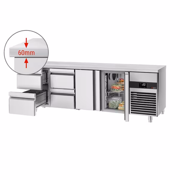 Commercial Counter Fridge PREMIUM - 2330x700mm - with 2 doors - 4 drawers - capacity 632 litres