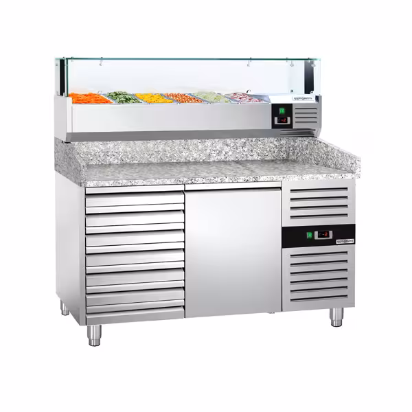 Balcão de pizza refrigerado PREMIUM 1,5 x 0,8 m - com 1 porta e 7 gavetas neutras