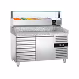 Commercial Refrigerated Pizza Prep Counter PREMIUM - 1500x800 - 1 Door - 7 Drawers - Top Display Rail LED - 5x GN 1/3 + 1x GN 1/2