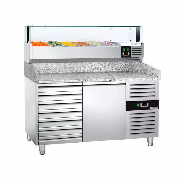 Commercial Pizza Prep Counter - Granite Top PREMIUM - 1500x800mm - with 1 doors & 7 drawers - incl. refrigerated topping unit with glass sneeze guard LED - 5x GN 1/3 + 1x GN 1/2
