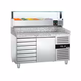 Banco pizza refrigerato PREMIUM - 1500x800mm - con 1 porta & 7 cassetti - piano in granito - con vetrina ingredienti refrigerata superiore LED - 5x GN 1/3 + 1x GN 1/2