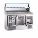 Commercial Pizza Prep Counter - Granite Top PREMIUM - 1400x700mm - with 3 glass doors - incl. refrigerated topping unit with glass sneeze guard LED - 6x GN 1/4
