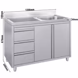 Lavello armadiato - in acciaio inox - 1200x600mm - 3 cassetti - 1 vasca a destra