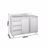 Commercial Sink Cabinet - 1200x600mm - 1 bowl right-hand - 3 drawers