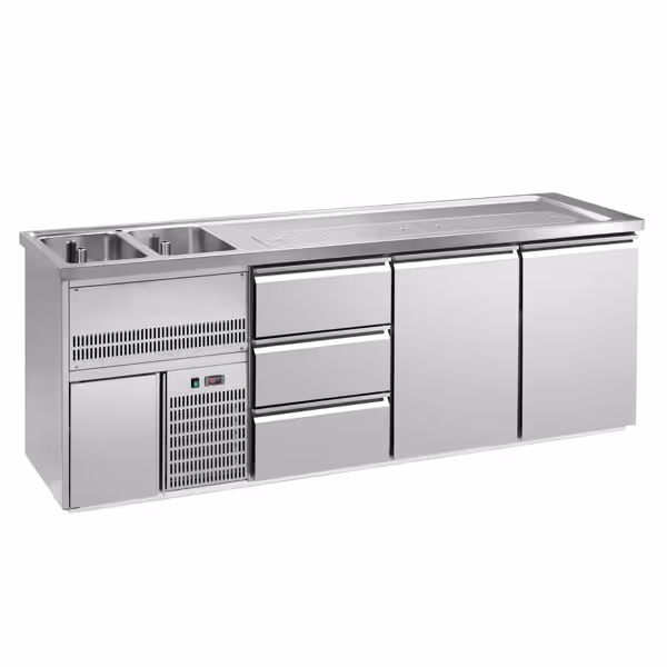 Direct Draw Beer Dispenser / Kegerator 2 Stainless Doors + 3 Drawers PREMIUM – 2 sinks left - 2500×700 mm - 3 drip trays