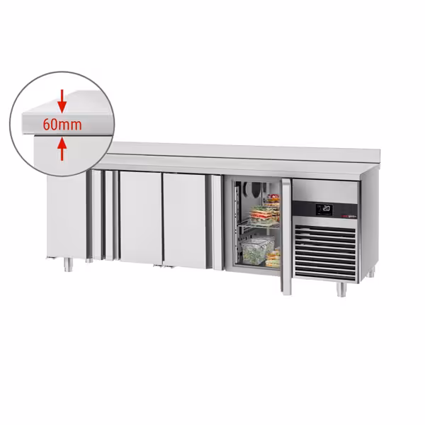 Soğutmalı tezgah PREMIUM - 2330x700mm - 4 kapılı - dijital termostat - arkası yükseltilmiş çalışma yüzeyi