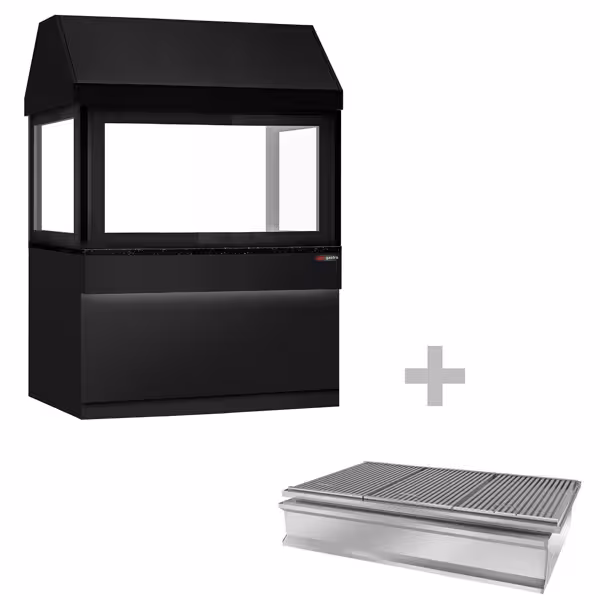 Charcoal - Griglia a carbone TORONTO professionale - 1510mm - frontale nero - piano di lavoro in granito nero - vetro temperato di protezione - 3 griglie - griglia: 1200x730mm - Nero opaco