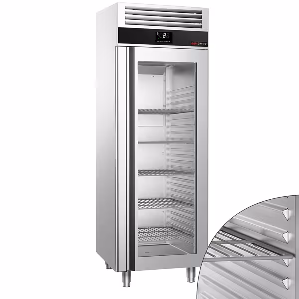 Koelkast RVS PREMIUM - GN 2/1 - 700mm - 650liter - tot +8°C - met 1 glazen deur - geforceerde koeling, automatische ontdooiing & LED‑verlichting