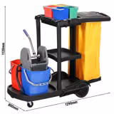 Carrello per pulizia - con 6 contenitori, strizzatore per mop e sacco per la biancheria - Nero