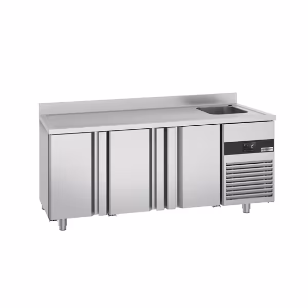 Kühltisch PREMIUM - 1900x700mm - mit 3 Türen, 1 Becken rechts - Aufkantung