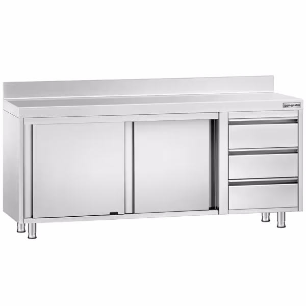 Dulap de lucru din oțel inoxidabil PREMIUM - 2000 x 600 mm - cu 3 sertare pe partea dreaptă și rebord