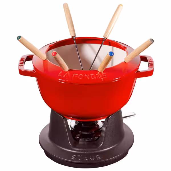 STAUB | Cast Iron Fondue Set – Ø 20 cm - Cherry Red - 6 Forks, Burner, Board