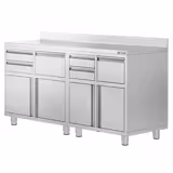 Commercial Coffee Station Cabinet - 1800x600mm - with 4 Drawers, 2 Doors, 2 Tilting Knockout Drawers - with Rear Upstand